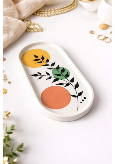 Modern Bohem Tarz Dekoratif Oval Tabak - El Yapımı Botanik Desenli Ev Dekoru 9,5 X 19 Cm
