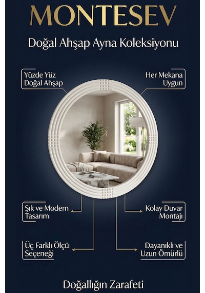 Safir Beyaz Dekoratif Ayna Yuvarlak Işlemeli Duvar Aynası 43 Cm Beyaz