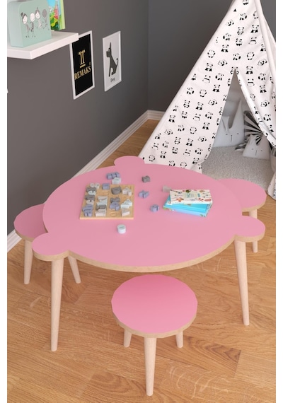 Yuvarlak Yaz Sil Yüzey Çocuk Masa Sandalye Takımı 1 Aktivite Oyun Masası 3 Sandalye - Pembe