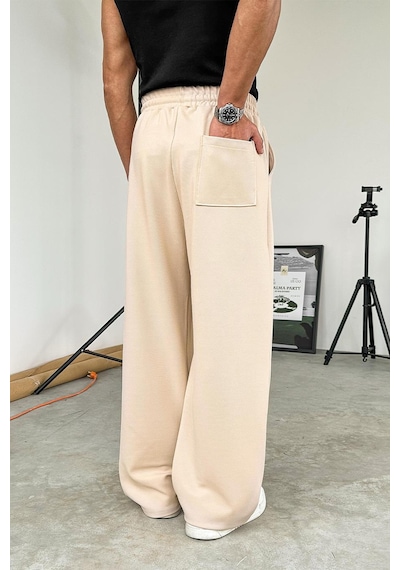 Bej Dokulu Basic Baggy Pantolon Bej