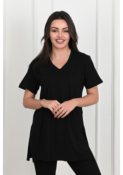 Kadın V Yaka Yırtmaçlı T-shirt 8783-22 001