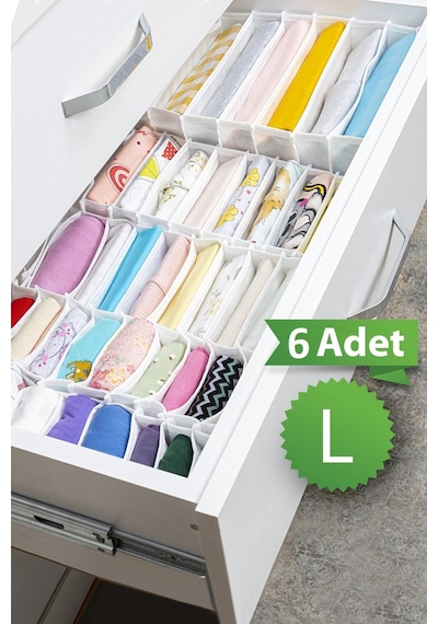 6 Adet 8 Bölmeli Çizgili Akordiyon Çok Amaçlı Çekmece Dolap İçi Organizer Düzenleyici 24x37x18 Cm L Gri