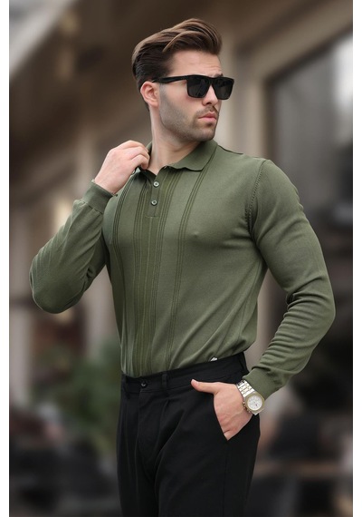 Madmext Haki Polo Yaka Çizgili Erkek Triko Kazak 7265 Haki