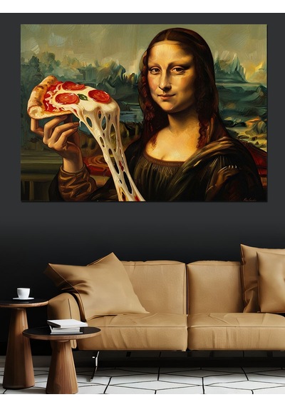 Pizza Dilimi Tutan Mona Lisa Dekoratif Kanvas - Mdf Ahşap Tablo