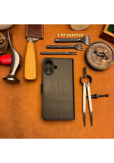 Bideri Patara Apple Uyumlu iPhone 17 Hakiki Deri Cüzdan Kılıf Antrasit