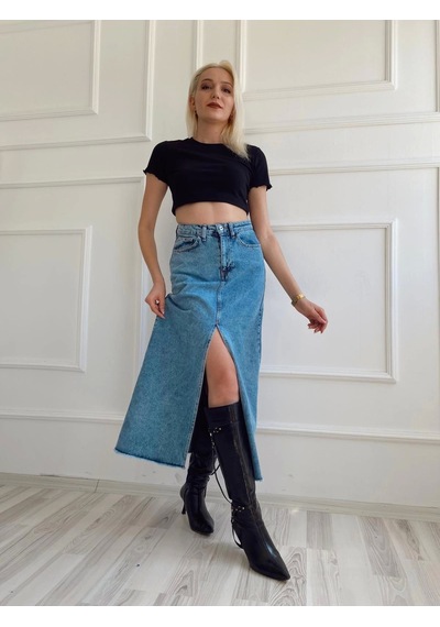 Kadın Önden Yırtmaçlı Denim Etek Buz Mavi