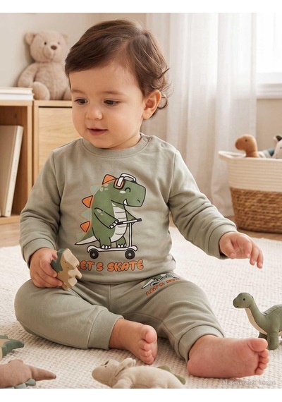 Civil Baby Dinozor Baskılı 6-18 Ay Takım - Haki Koyu Haki