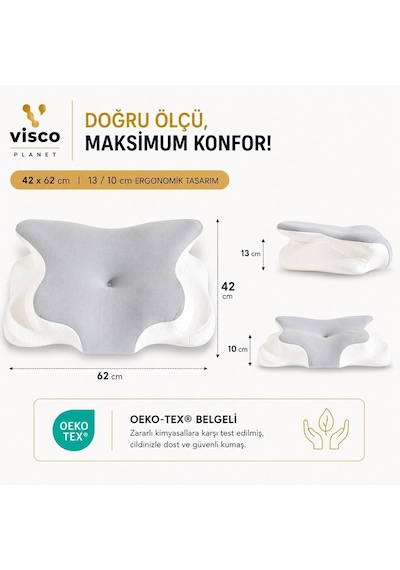Visco Planet Ortopedik Visco Boyun Yastığı Memory Foam Boyun Destekli Ergonomik Uyku Yastığı 62x42x13/10 Cm Genel