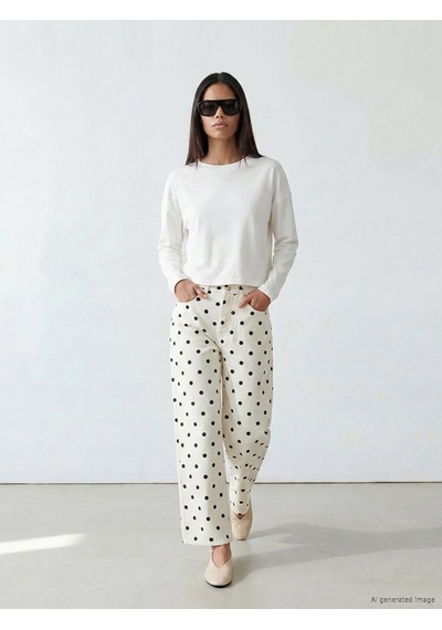 Lcw Modest Beyaz Wideleg Puantiyeli Kadın Jean Pantolon