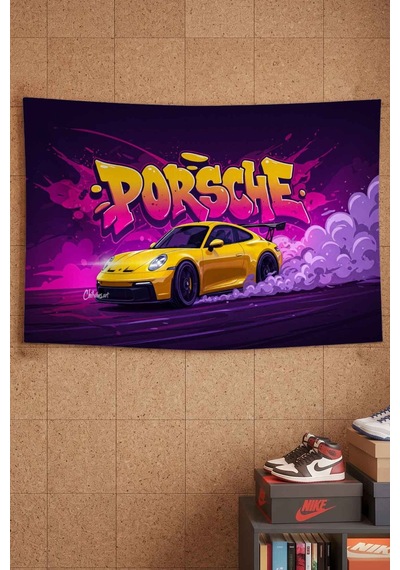 Porsche Sarı Spor Araba Graffiti Drift Dekoratif Duvar Örtüsü Duvar Halısı Beyaz