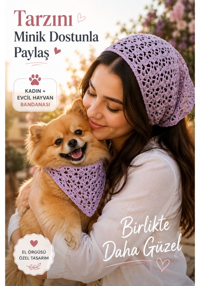 Kadın & Köpek Kombin El Örgüsü Minik Dost Bandana Seti Ayarlanabilir Evcil Hayvan Sahip Kombini Bohem Tasarım Mor