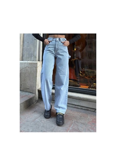 Kene Jeans Yüksek Bel Buz Kar Yan Kemer Tokalı Kargo Cep/baggy Bol Paça Jeans Buz Kar