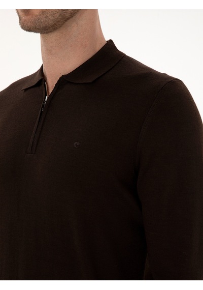 Cacharel Kahverengi Regular Fit Yün Karışımlı Fermuarlı Polo Yaka Basic Triko Kazak