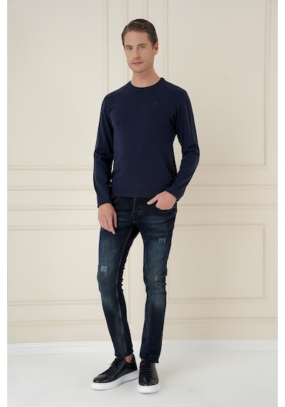 Slim Fit Ribanalı Düz Lacivert Yünlü Bisiklet Yaka Triko Kazak Tr 900