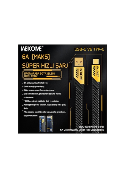 Wekome WDC-190A 6A Usb to Type-c Veri Ve Şarj Kablosu Sarı
