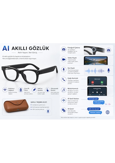 Aı Akıllı Gözlük Kameralı Bluetooth Gözlük Fotoğraf Video Çekimi, Sesli Asistan, Çeviri, Arama Ve Müzik Kontrollü