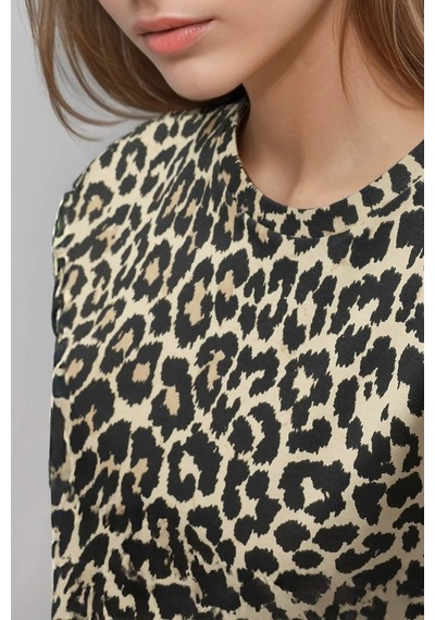 Hiccup Oversized Leopar Desenli Bisiklet Yaka Tişört Kahverengi