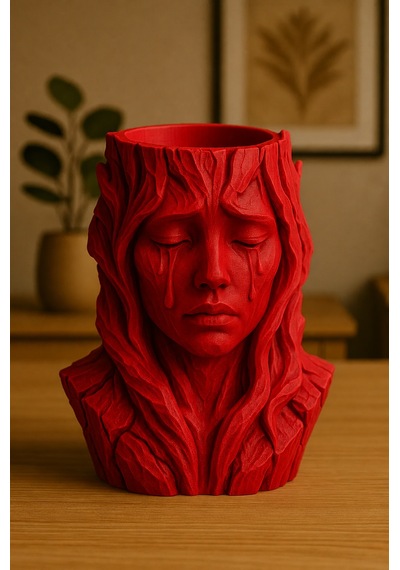 3d Baskı Ağlayan Kadın Büst Saksı - Sanatsal Dekoratif Saksı - Kırmızı