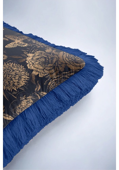 Çiçekli Vintage Floral Saçaklı Yastık Kılıfı - Botanik Lacivert Bej Lacivert Püsküllü Kırlent Kılıfı Sessiz Ufuk Mira