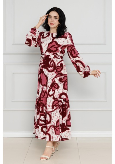Sevitli Çiçekli Kuşaklı Viscon Elbise-bordo-4127-bordo Bordo