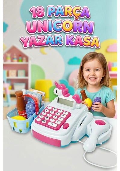 Pilli Işıklı Sesli 18 Parçalı Barkod Okuyuculu Oyuncak Paralı Fonksiyonel Tasarımlı Unicorn Oyuncak Yazar Kasa