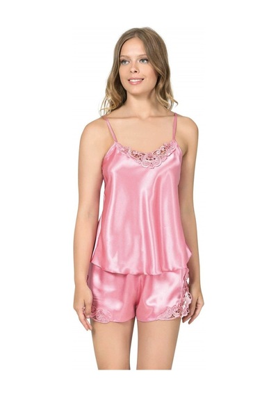 İkikareshop Koyu Pembe Saten Babydoll Şort Takım Zarif Kadın Gece Giyim Çok Renkli