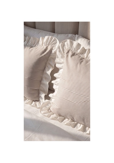 2'li Pamuklu Kumaş Beyaz Fırfırlı Çizgili Yastık Kılıfı 50x70 Cm Kahverengi - 905289691 Kahverengi
