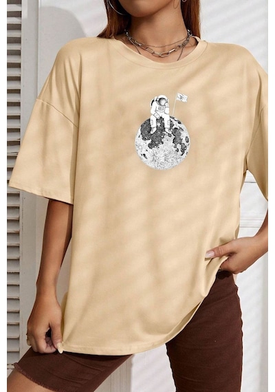 Flood Of Style Unisex Astronot Baskılı T-shirt Bej