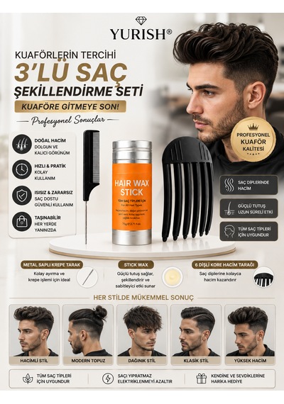 3 Lü Saç Şekillendirme Seti Stick Wax, Metal Saplı Krepe Tarak Ve 6 Dişli Kore Hacim Tarağı 0