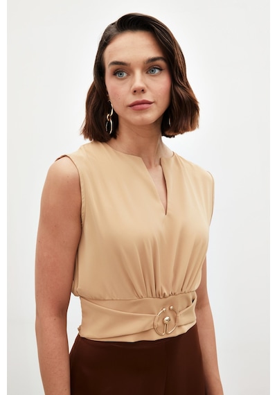 Sateen Toka Detaylı Kolsuz Bluz - Camel-134860 Sateen Toka Detaylı Kolsuz Bluz - Camel-134860