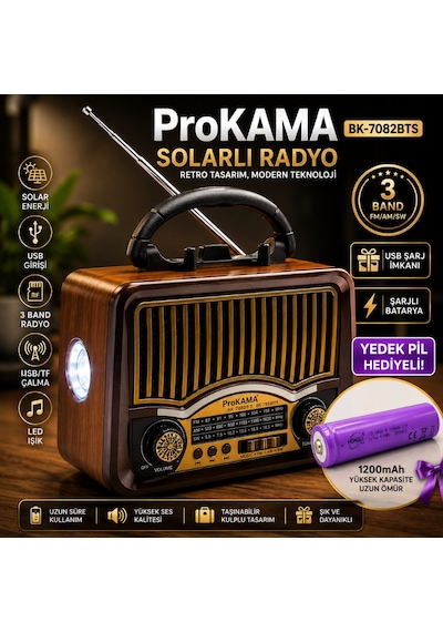 Prokama Bk-7082bts Solar Enerjili Şarjlı Nostaljik Retro Radyo