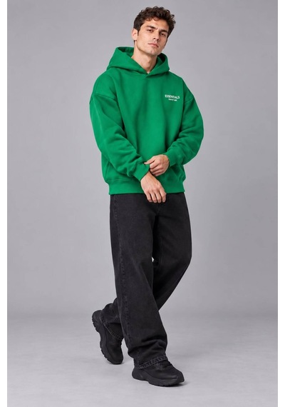 Genel Markalar Unisex Oversize Pikeli Double Face Kapüşonlu Sweatshirt Yeşil