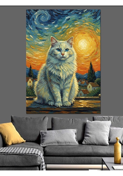 Karizma Tablo Van Gogh Stili Beyaz Kedi Dekoratif Kanvas - Mdf Ahşap Tablo