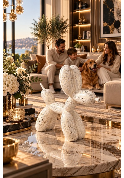 Gold Detaylı Beyaz Balon Köpek Dekoratif Obje 28x28 Cm Lüks Tasarım