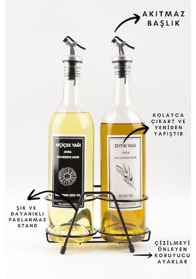 Şeffaf 750 Ml Siyah Beyaz Etiketli Siyah Standlı Akıtıcılı Yağlık Yağdanlık Diğer