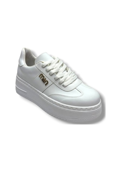 Şanzelize K16-26 Cilt Deri Yüksek Anatomik Taban Bağcıklı Kadın Sneaker Beyaz