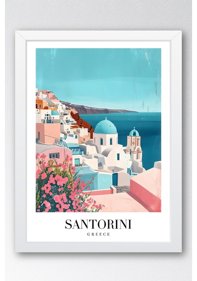 Santorini Greece Vintage Seyahat Posteri Çerçeveli Tablo - Premium Ege Denizi Elit Duvar Dekoru Beyaz