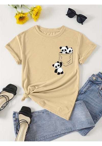 Uyguntarz Unisex Cep Panda Baskılı Tasarım Tshirt Bej