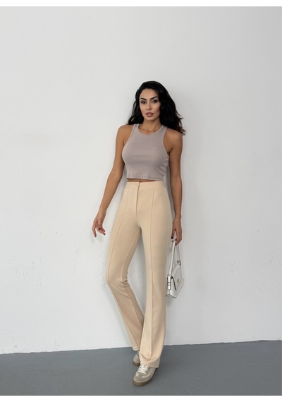 Thiff Gymwear Krep Kumaş Likralı Kadın Palazzo Pantolon 3'lü Set Bej-gri-lacivert