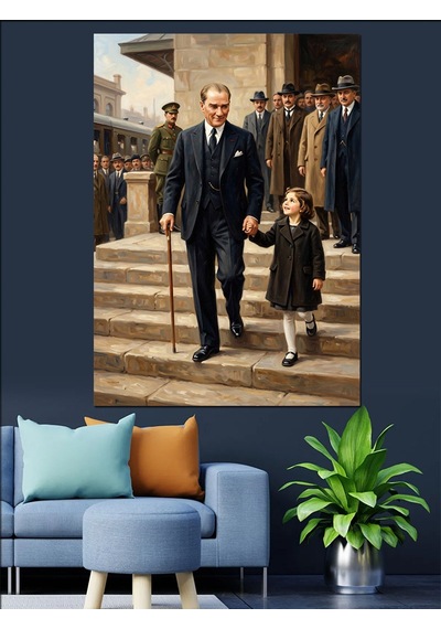 Merdivenlerde El Ele Atatürk Ve Kız Çocuğu Dekoratif Kanvas - Mdf Ahşap Tablo Çok Renkli
