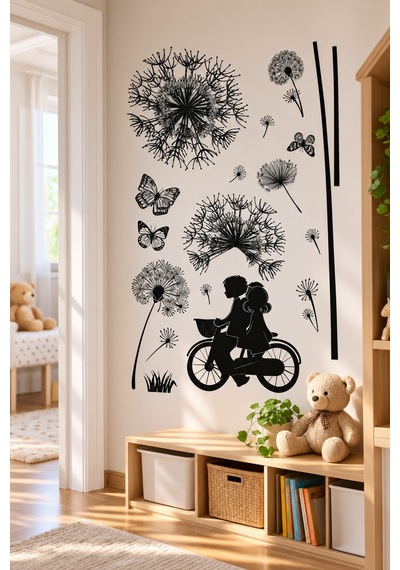 3d Simli Bisikletli Çocuklar Duvar Stickerı 32x50 Cm Karahindiba Kelebekli Çocuk Odası Dekoru Renkli