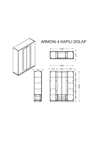 Dolap, Armoni 4 Kapaklı Çekmeceli Bronz Aynalı Gardırop Aytaşı