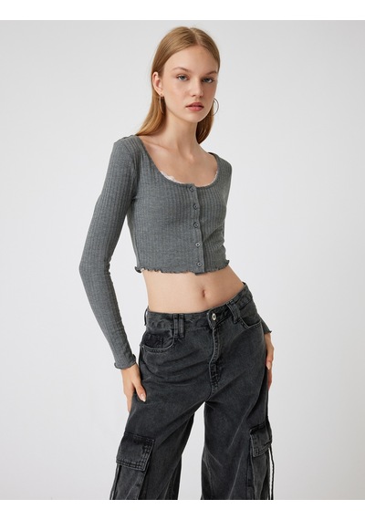 Koton Uzun Kollu Tişört Crop U Yaka Düğmeli Slim Fit Antrasit 5wal10225ık Antrasit