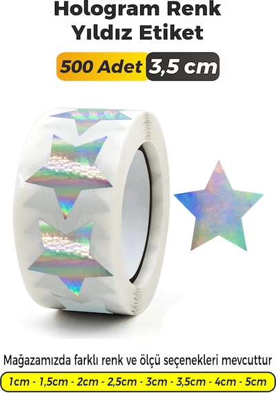 Hologram Renk Yıldız Kesim Etiket 3,5cm 500 Adet Çok Renkli