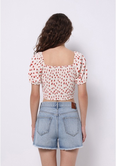 Colins Slim Fit Kare Yaka Baskılı Kadın Ekru Balon Kol Tişört Cl1074581 Q1.v1 Ecr Ekru