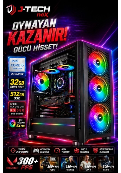 J-tech Nex i5-10400F 32 GB 512 GB SSD 8 GB RX580 Dos Masaüstü Oyuncu Bilgisayar