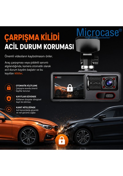 Microcase 3 Kameralı Wifi Araç İçi Kayıt Kamerası Full Hd Gece Görüşlü Araç Kamerası Al5755