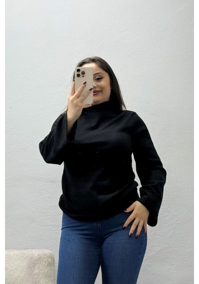 Belendir Kadın Yumoş Balıkçı Yaka Konik Kol Body Siyah