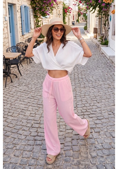 Lela Pamuklu Bağlamalı Relaxed Fit Yüksek Bel Geniş Paça Müslin Pantolon Bayan Pantolon 5866663 Pembe