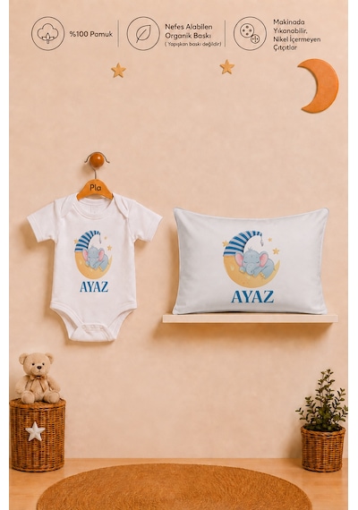 Pia Baby Erkek Bebek İsme Özel Hediye Seti %100 Pamuk Body Yastık Kılıfı Ve Ham Bez Bebek Kıyafet Kesesi 2019byk2x Ekru